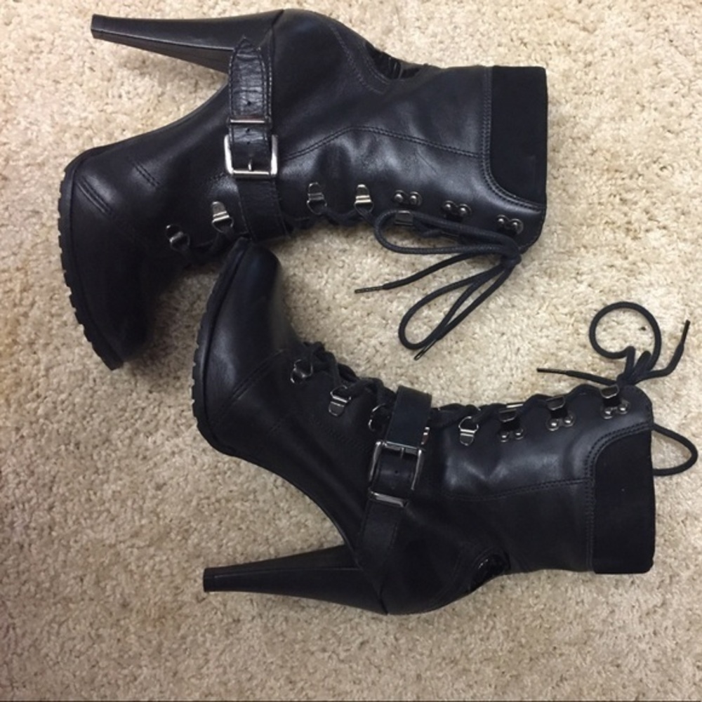 Aldo black leather ankle high heel boots